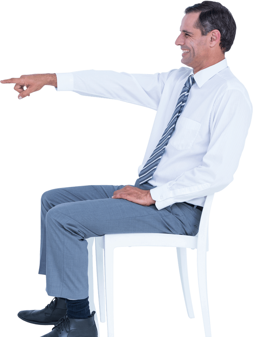 Transparent Businessman Sitting and Pointing with Smile