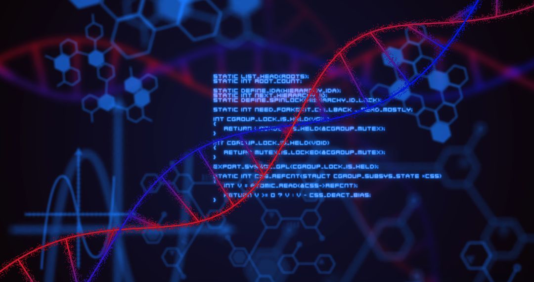 Futuristic DNA Strand and Data Codes on Dark Background