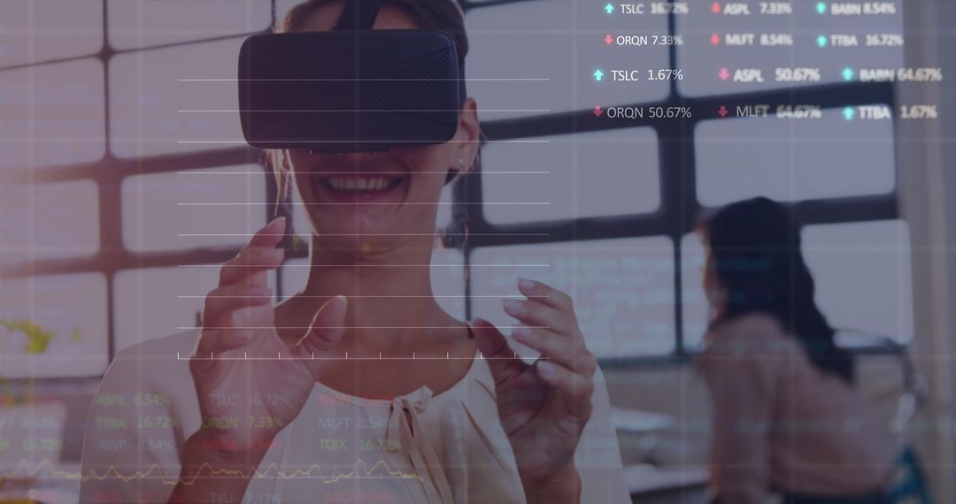 Businesswoman Using VR with Financial Data Overlay for Innovative Trading