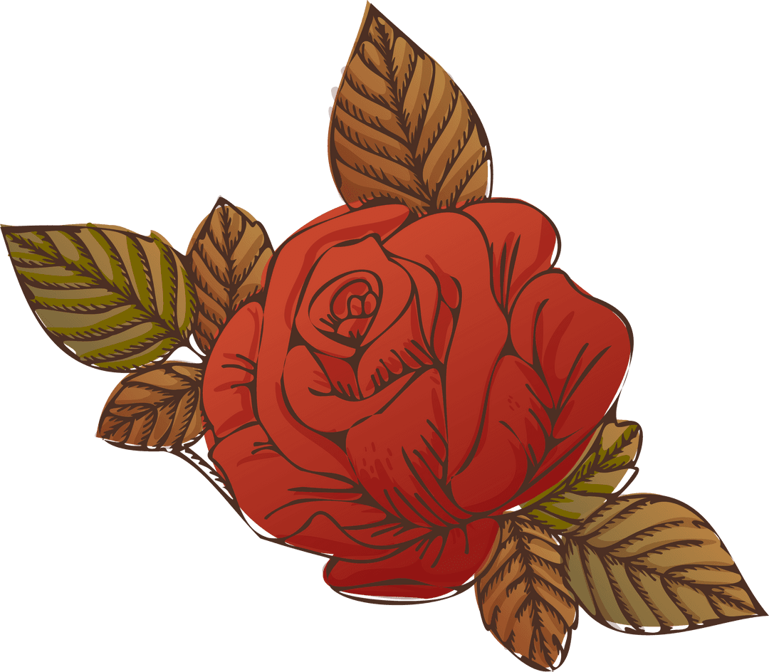 Elegant Red Rose Vector with Stylized Leaves on Transparent Background