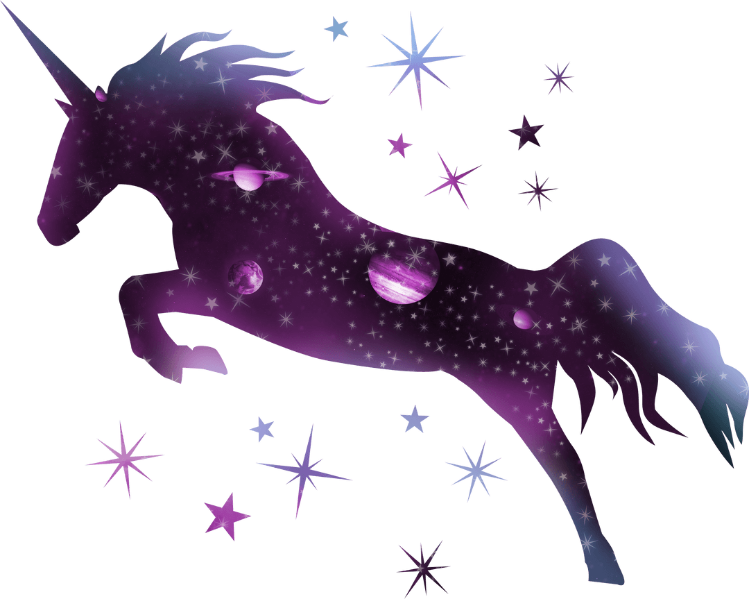 Enchanted Galaxy Unicorn with Purple Cosmic Planets on Transparent