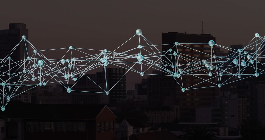 Digital Network Fabric Illuminating Cityscape at Dusk
