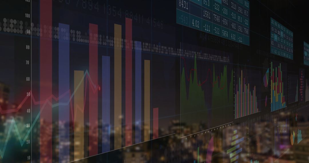 Cityscape Overlayed by Bar and Line Charts Representing Financial Data
