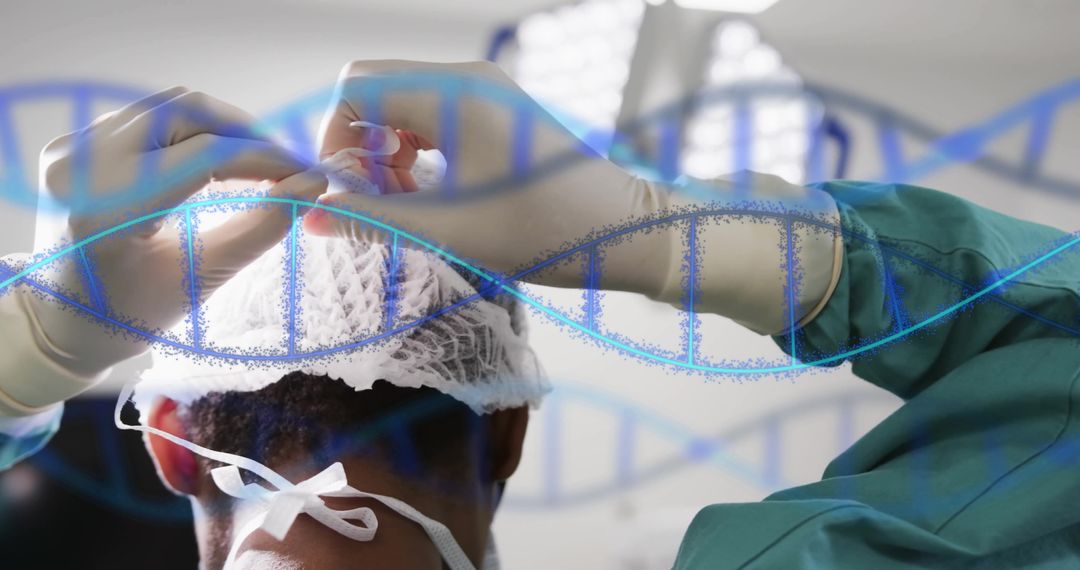Surgeon Preparing for Operation with DNA Strands Overlay