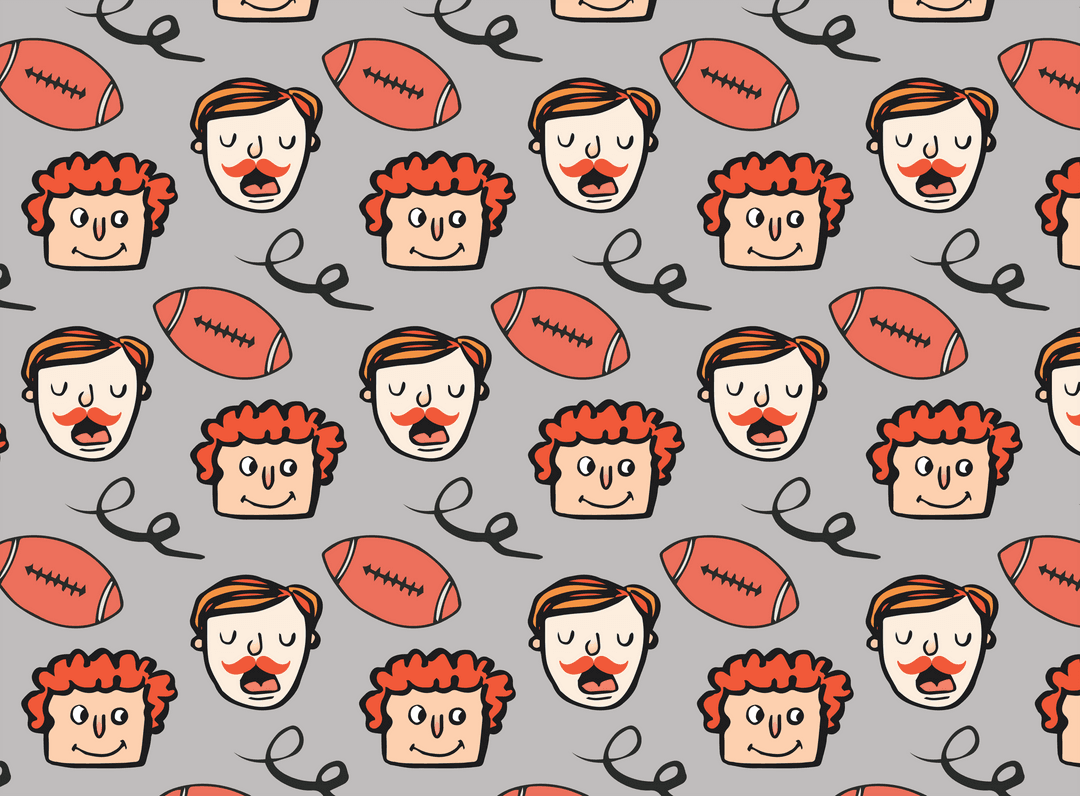 Pattern of Cartoon Faces and Rugby Balls on Transparent Background