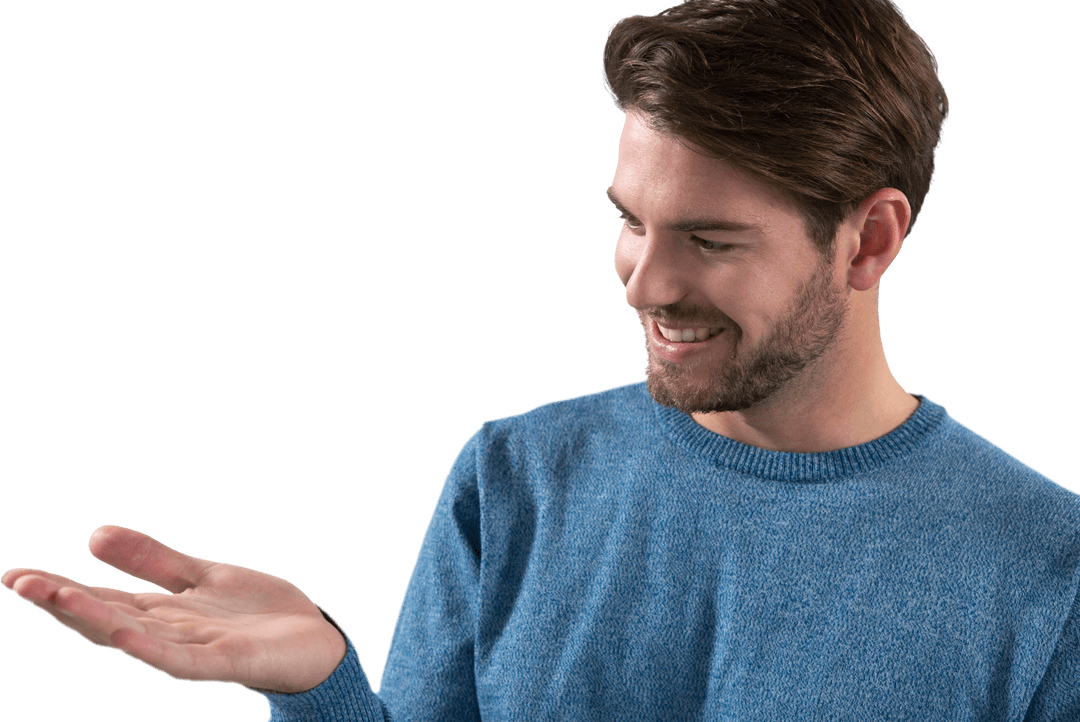 Transparent Showcase Concept Empty Hands Smiling Man