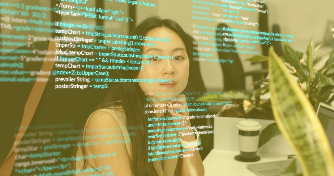 Tech-Savvy Asian Woman Analyzing Code at Workspace