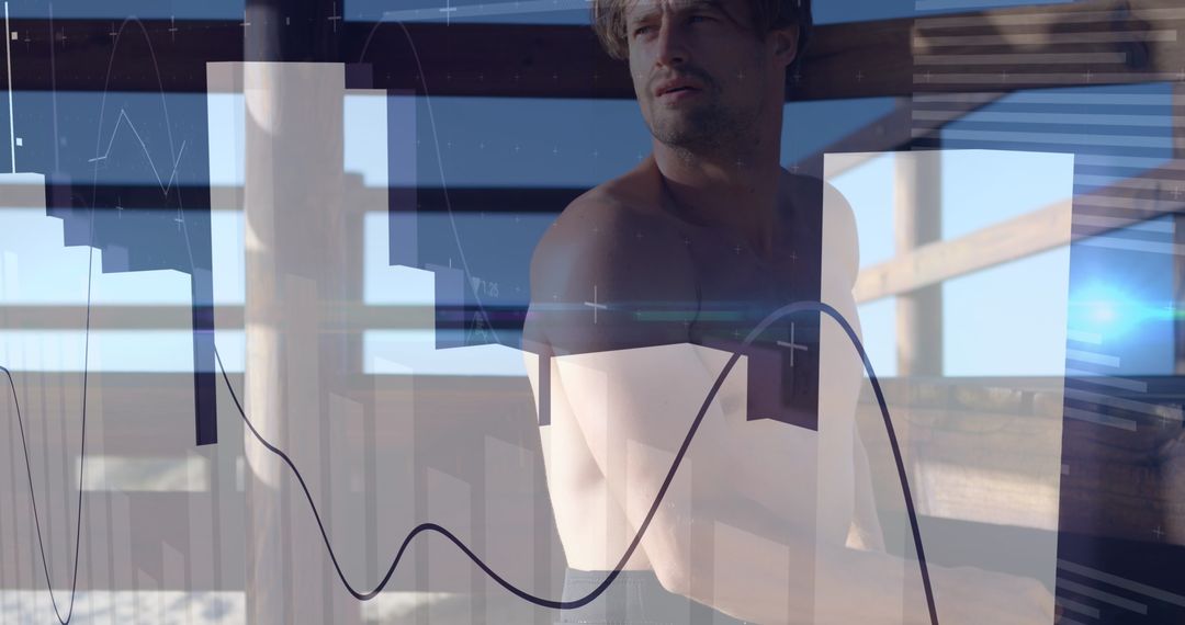 Surfer Contemplating with City and Data Overlay
