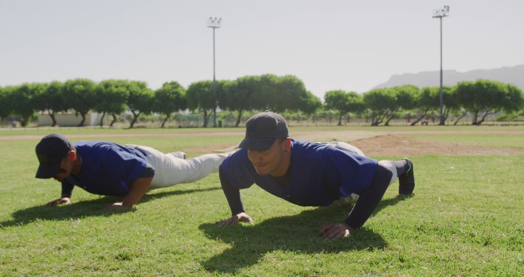 Baseball Players Exercising with Push-Ups on Field - Free Images, Stock Photos and Pictures on Pikwizard.com