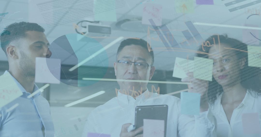 Diverse Business Team Analyzing Financial Data Over Digital Overlay