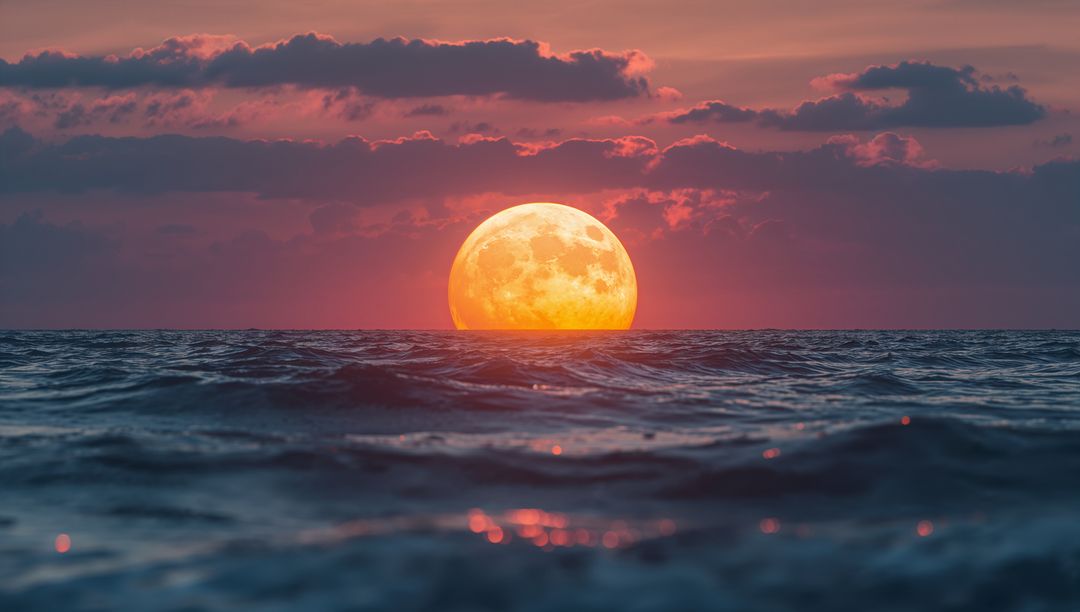 Full Moon Rising Over Ocean at Dusk with Tranquil Amber Light