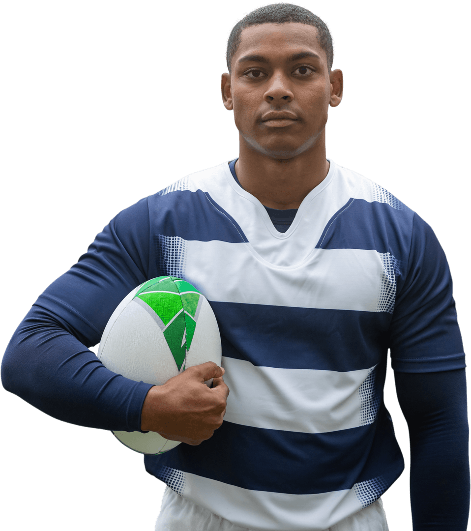 Focused Rugby Player with Ball on Transparent Background