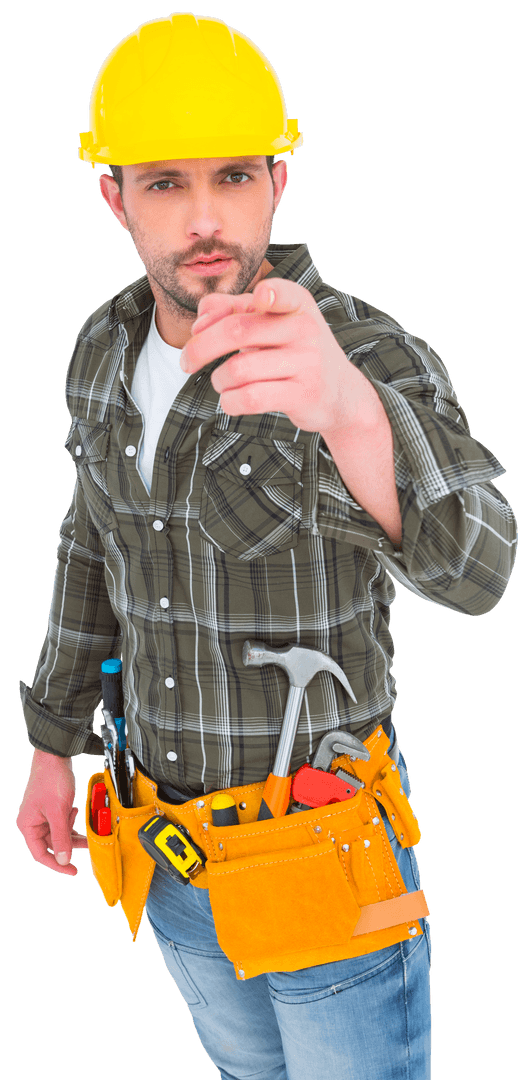 Transparent Handyman in Construction Gear Pointing Forward