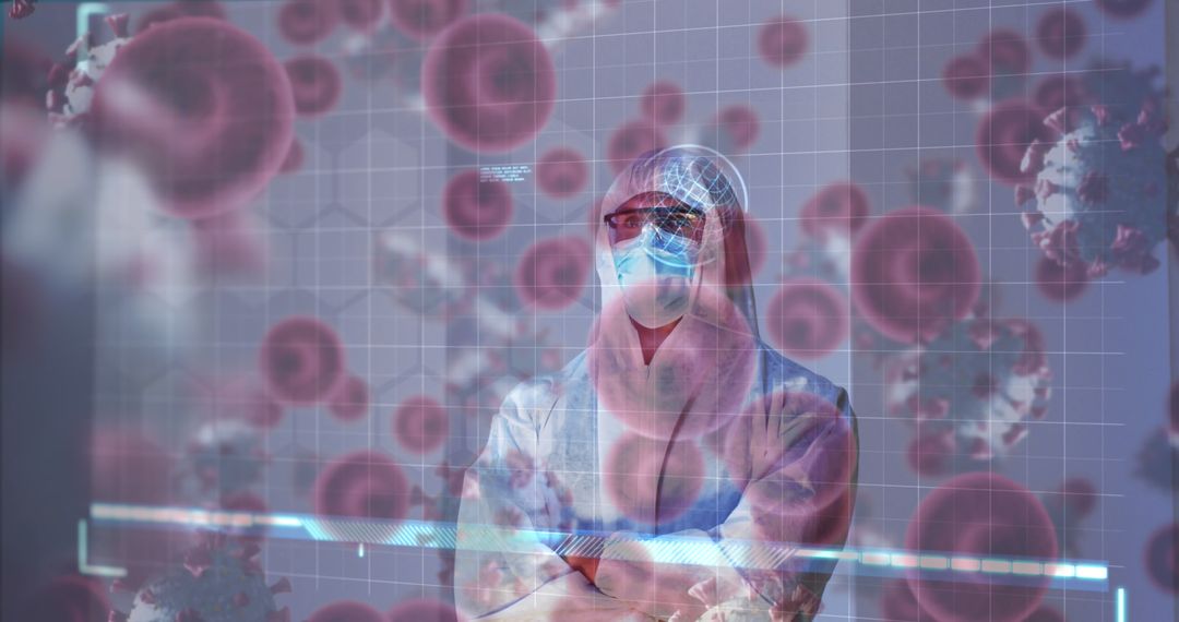 Medical Professional Examining Digital Display with Red Blood Cells and Virus Images - Free Images, Stock Photos and Pictures on Pikwizard.com