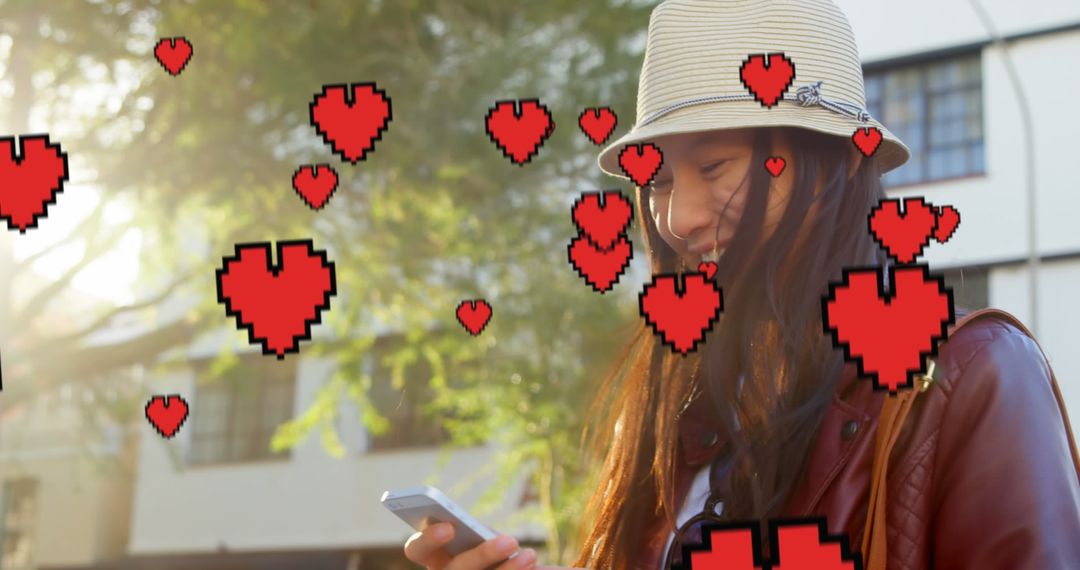Woman Enjoying Social Media with Pixelated Hearts