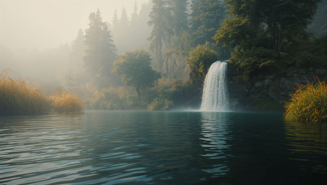 Serene Waterfall Cascading into Misty Forest Pool
