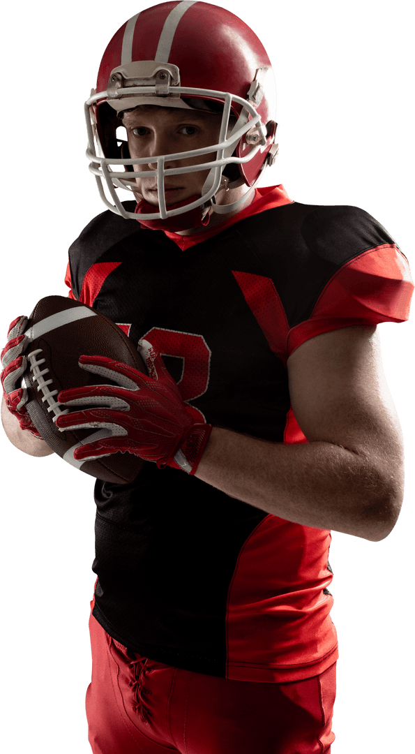 Transparent Background of Focused Young American Football Player Holding Ball