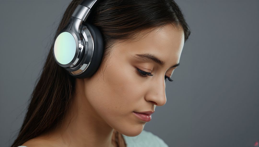 Asian Woman Wearing Silver Over-Ear Headphones Listening Closeup Profile Neutral Expression