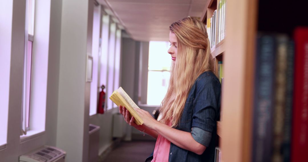 Young Woman Reading Book in Library - Free Images, Stock Photos and Pictures on Pikwizard.com