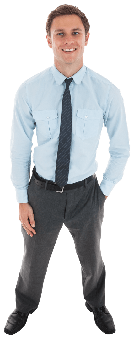 Transparent Happy Businessman Standing Confidently in Formal Attire