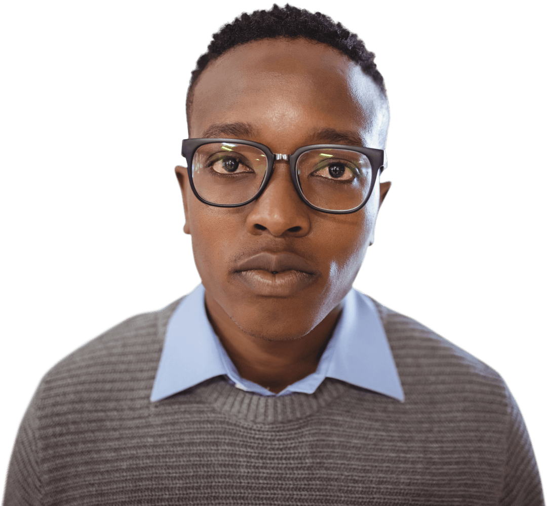 Transparent Portrait of Man Wearing Glasses and Sweater Looking at Camera