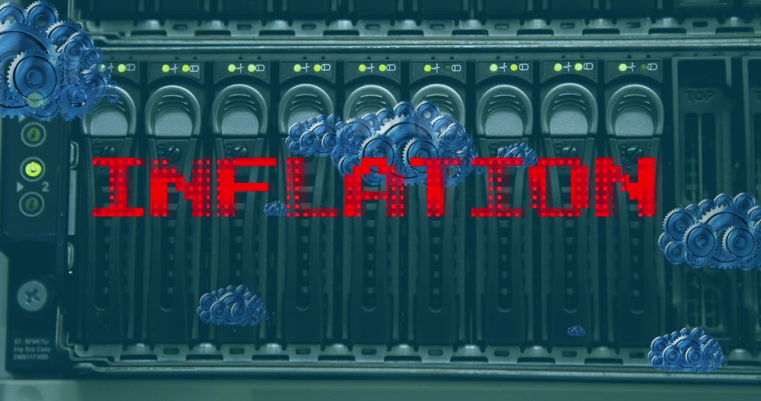 Digital Inflation Concept with Servers and Storm Clouds