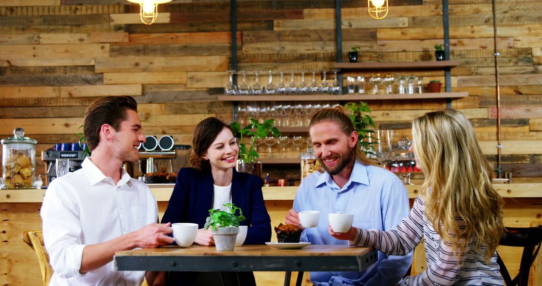 Friends Enjoying Coffee and Conversation in Rustic Cafe