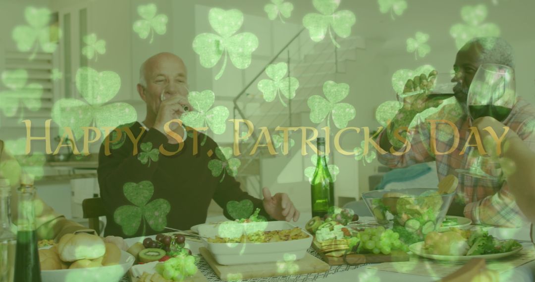 Friends Enjoying St. Patrick's Day Celebration with Drinks and Clover Overlay