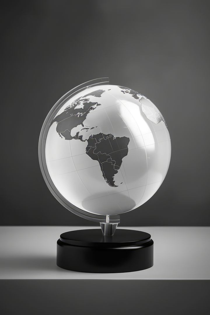 A sleek, modern globe sits on a dark surface, ideal for an office setting - Free Images, Stock Photos and Pictures on Pikwizard.com