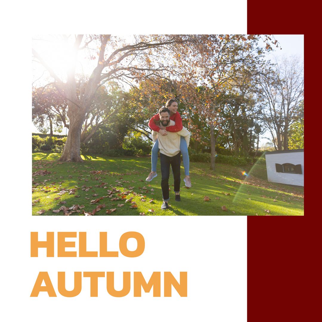 Happy Couple in Autumn Park with Hello Autumn Text - Download Free Stock Templates Pikwizard.com