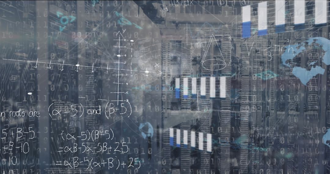 Mathematical Equations Overlay on Data Servers for Technology Concept
