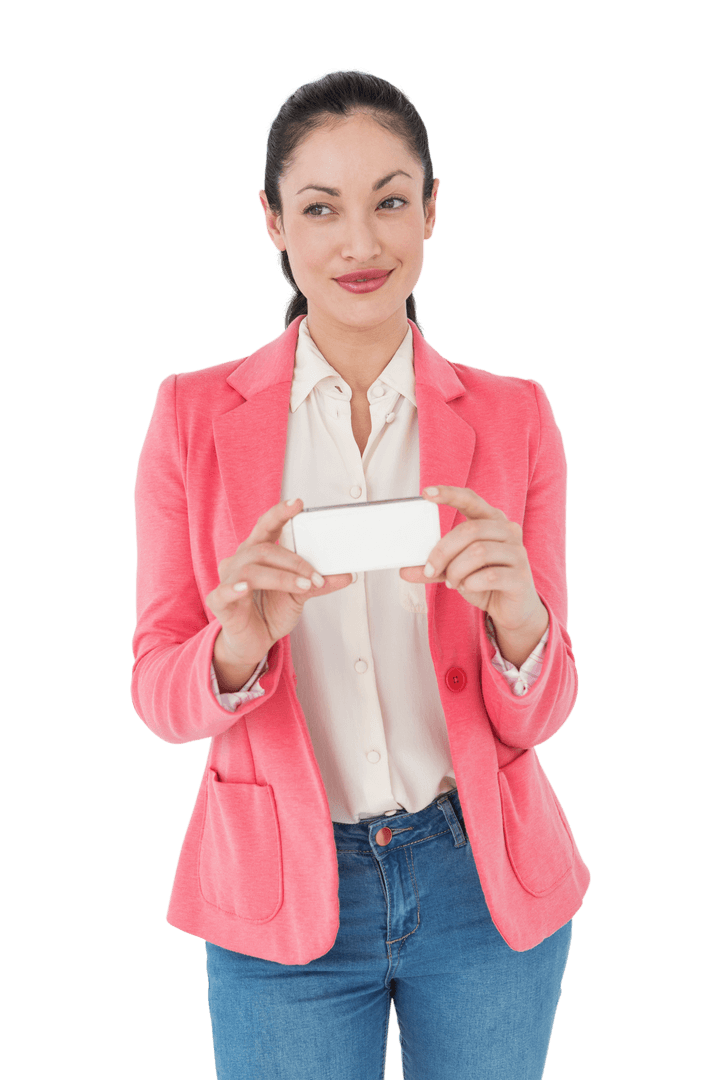 Woman in Pink Blazer Smiling with Smartphone on Transparent Background