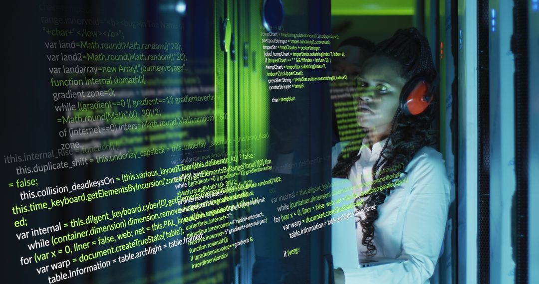 Female Engineer in Server Room Analyzing Data