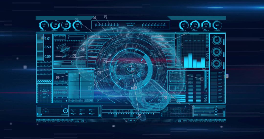 Futuristic Holographic Brain with HUD Interface Panels