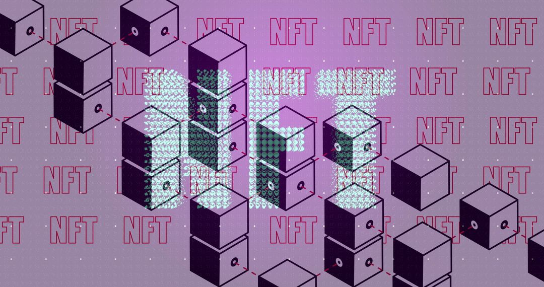 Digital Blocks and NFT Text Overlay on Purple Background