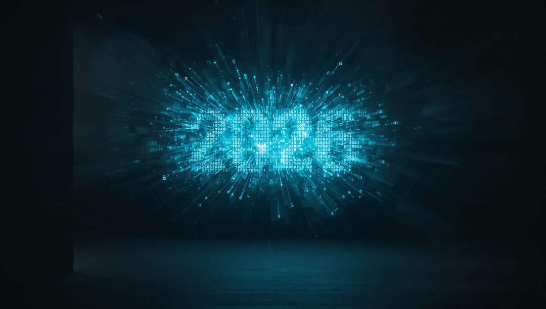 Glowing holographic 2020 numerals bursting into binary particles over dark neon stage