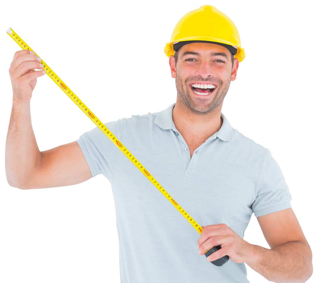 Transparent Eager Carpenter Holding Tape Measure in Yellow Hard Hat