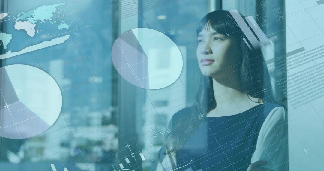 Gazing Businesswoman Through Office Window with Digital Analytics Overlays
