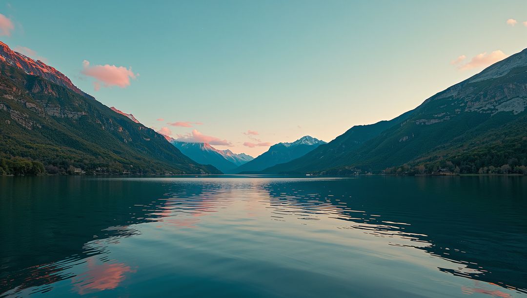 Serene Alpine Lake with Pastel Clouds and Snow-Capped Peaks