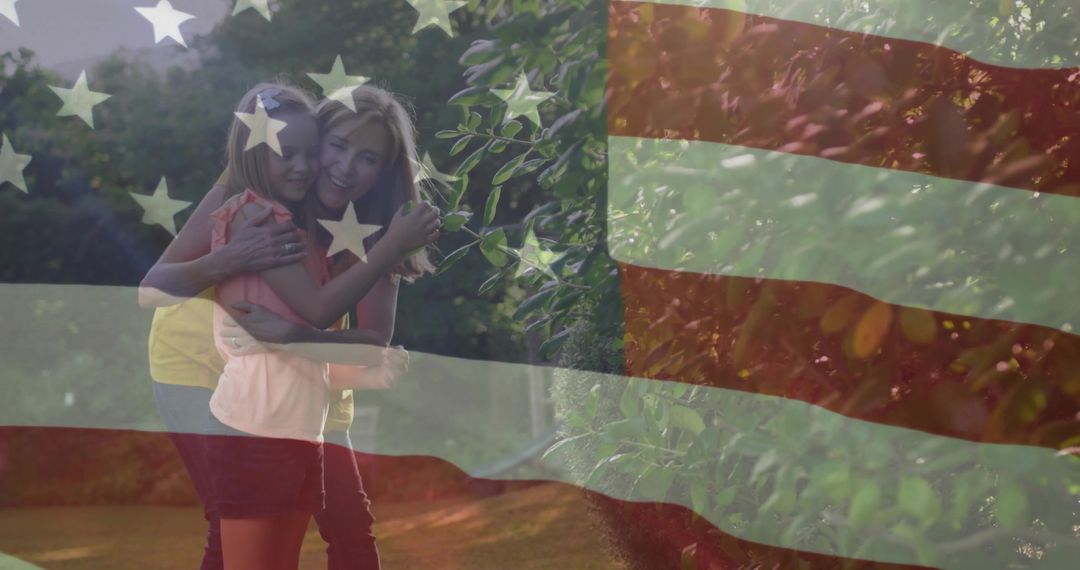 Mother and Daughter Embracing in Garden with Patriotic Overlay
