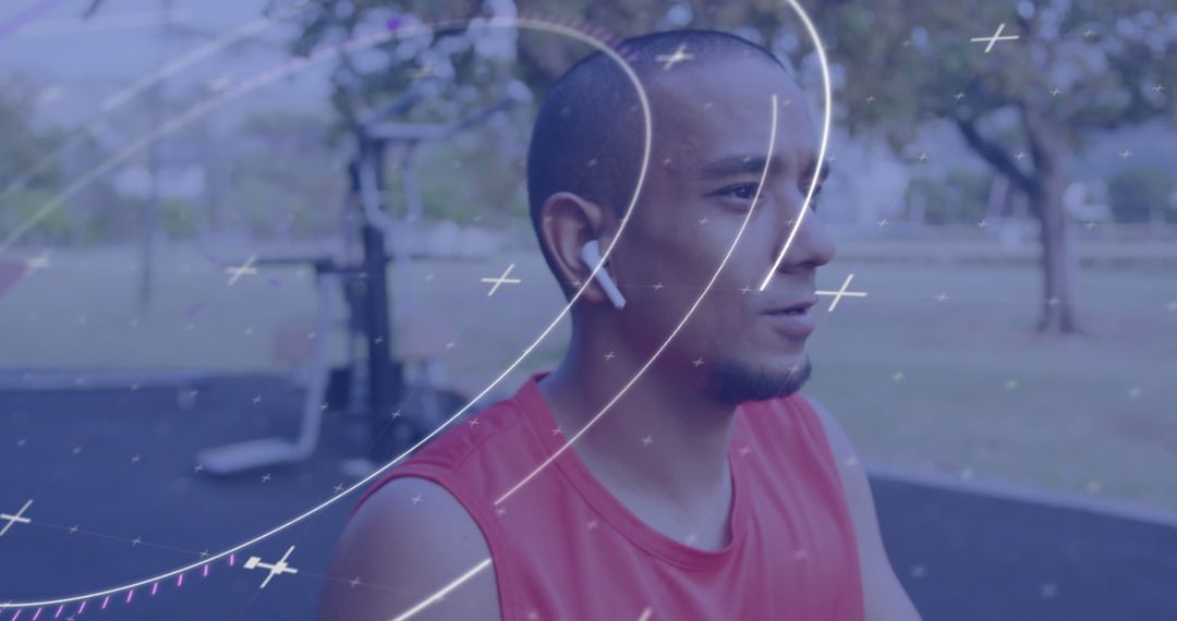 Athlete Using Wireless Earphones with Digital Data Overlay