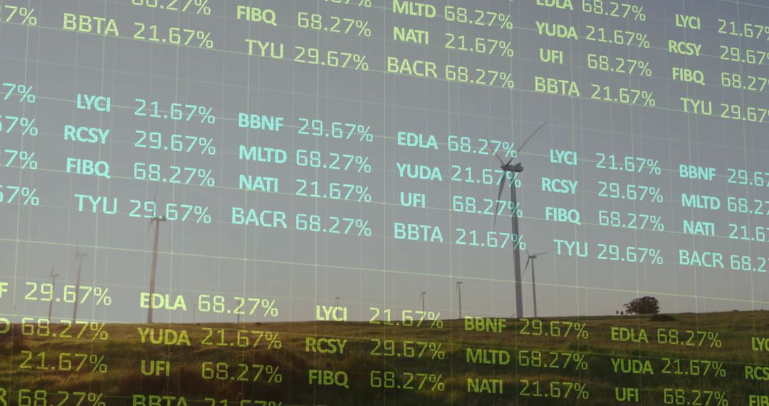 Financial Data Overlay on Wind Turbines Symbolizing Eco-Friendly Investments