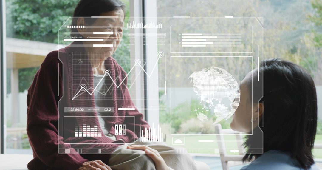 Grandmother and Granddaughter Holding Hands by Window Viewing Holographic Data Interface