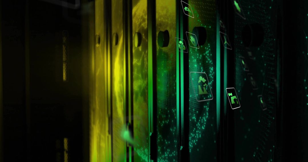 Illuminated Server Cabinets with Holographic Icons in Data Center