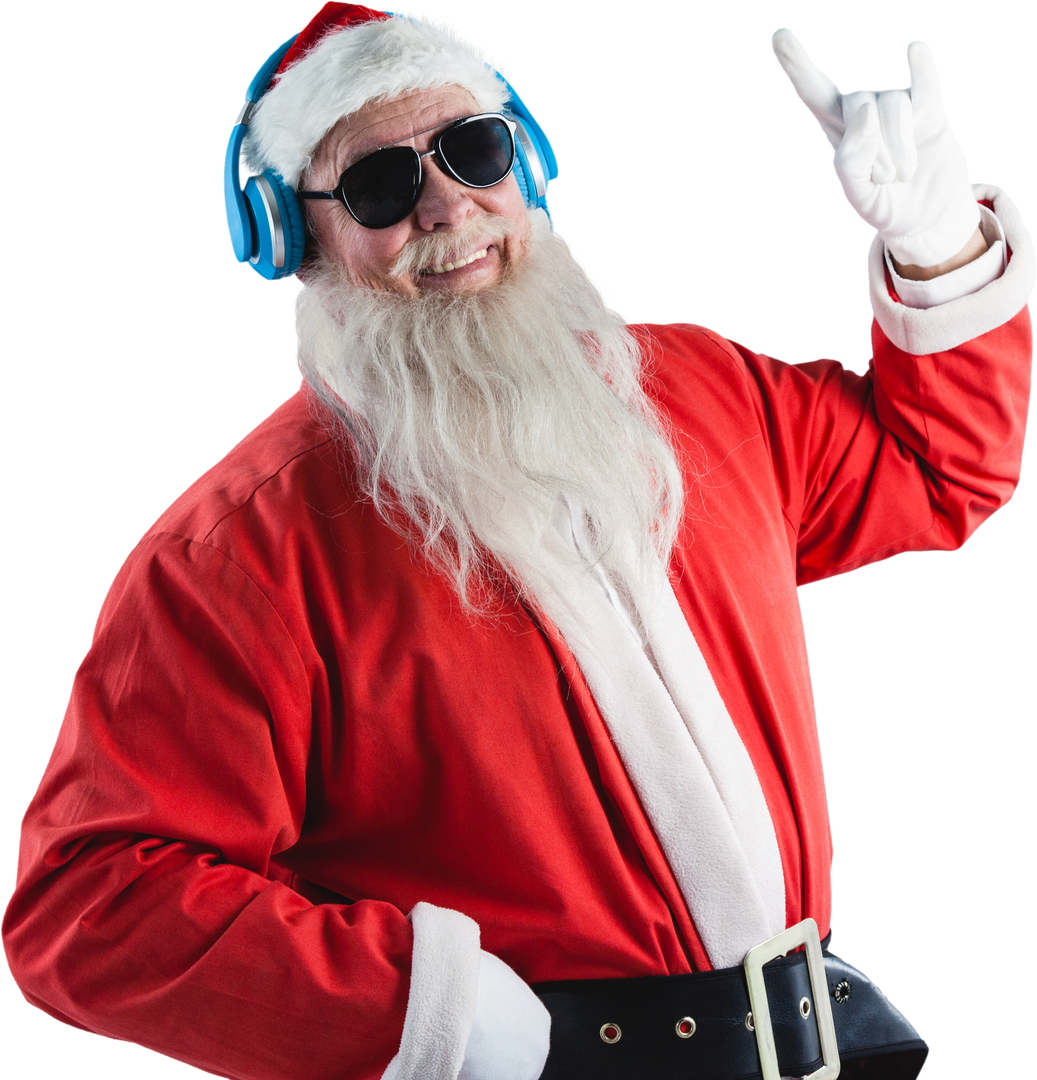 Santa Claus listening to music with headphones and making a fun gesture on transparent background - Download Free Stock Images Pikwizard.com