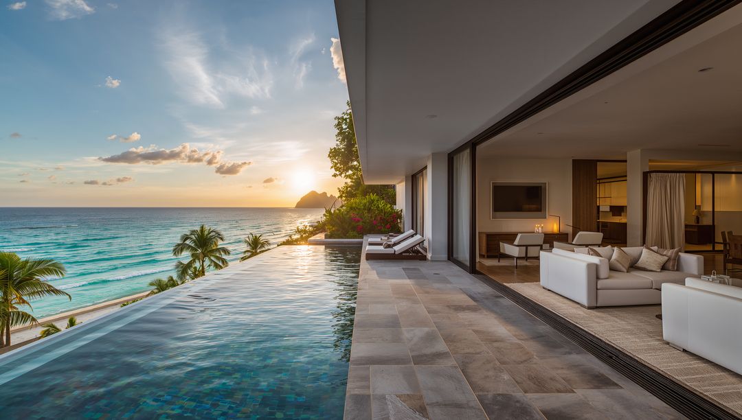 Infinity Pool Merging with Turquoise Ocean on Luxury Beachfront Terrace at Golden Sunset