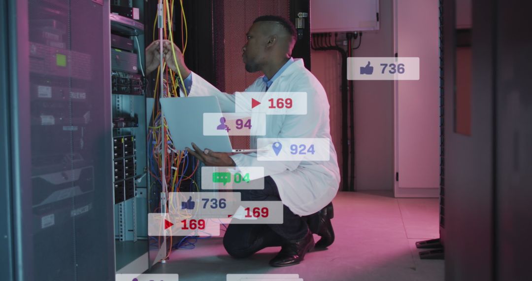 Engineer Managing Data Servers with Social Media Overlays