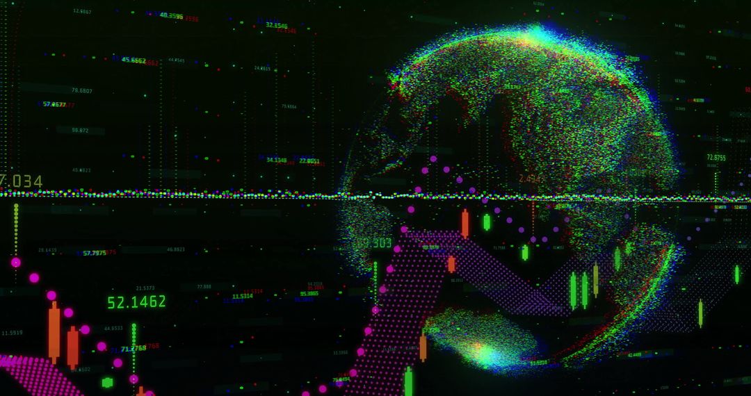 Stylized Globe and Financial Charts with Candlestick Bars