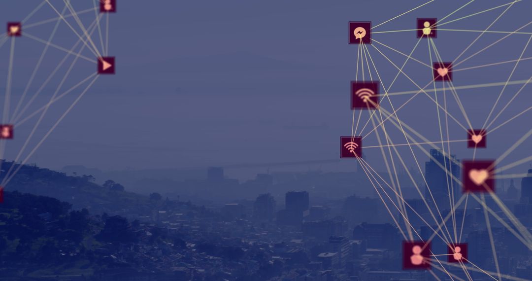 Global Network Connection Over Cityscape with Digital Icons