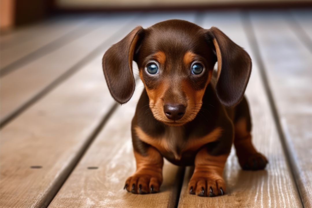 Adorable Dachshund Puppy with Brown Coat on Wooden Floor - Free Images, Stock Photos and Pictures on Pikwizard.com